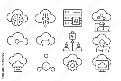 AI Cloud Ecosystem Icons. Line style icons of AI cloud ecosystem: cloud with brain, data stream to cloud, AI in server, model