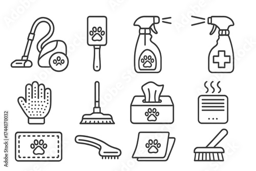Pet Cleaning Tools Icons. Line style icons of pet-themed cleaning tools: fur vacuum, lint roller, odor neutralizer, enzyme spray;