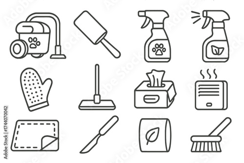Pet Cleaning Tools Icons. Line style icons of pet-themed cleaning tools: fur vacuum, lint roller, odor neutralizer, enzyme spray;