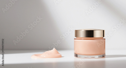 A luxurious cream in a glass jar sits on a marble surface.