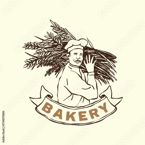 Logo illustration of experienced baker harvesting fresh quality wheat for bakery business brand bread shop and product label  with half round ribbon below hand drawn style