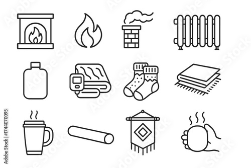 Home Warmth Icons. Line style icons of home warmth: fireplace, flame icon, chimney smoke, radiator; hot water bottle, heated
