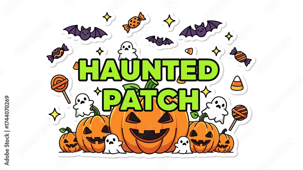 Fototapeta premium Haunted Patch: Spooky illustration showcasing Halloween spirit with ghosts, pumpkins, bats, and candy. Perfect for Halloween party.