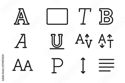 Typography Tool Icons. Line style icons of typography tools: font icon, text box, type tool, bold letter; italic icon, underline