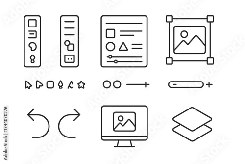 Design Software Icons. Line style icons of design software interface: toolbar, sidebar menu, inspector panel, canvas view; tool