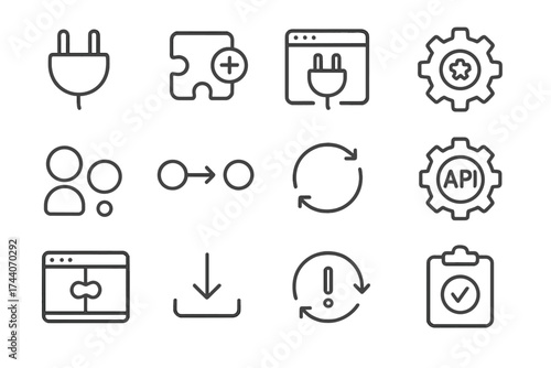 Plugin Tools Icons. Line style icons of plugin and integration tools: plugin icon, add-on symbol, extension tool, plugin manager;