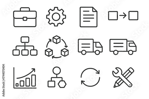 Business Operations Icons. Line style icons of business operations: briefcase, cogwheel, contract icon, process arrows; workflow