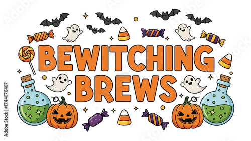 Bewitching Brews: A whimsical illustration of Halloween, inviting viewers to the enchanting world of spooky delight.