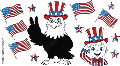Patriotic american eagle and boy celebrating independence day