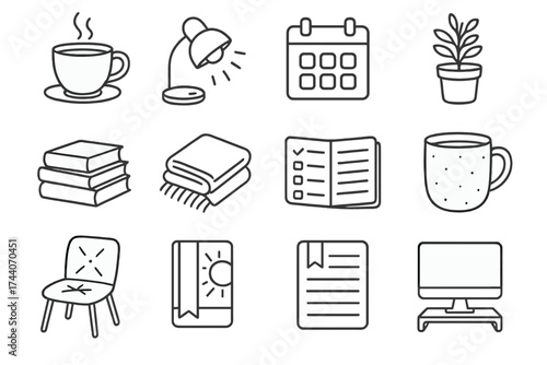 Warm Productivity Icons. Line style icons of warm productivity space: hot drink, lamp glow, calendar tab, potted herb; literature