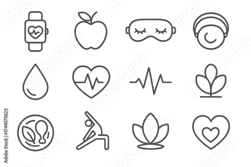 Personal Health Symbols. Line style icons of personal health: heartbeat tracker, fruit icon, sleep mask, fitness band; drop of