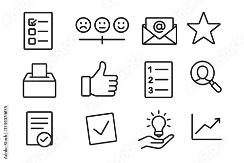 Workplace Feedback Icons. Line style icons of workplace feedback: survey sheet, rating scale, feedback email, performance star;