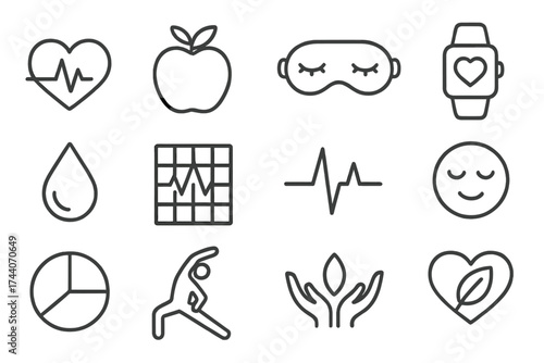 Personal Health Symbols. Line style icons of personal health: heartbeat tracker, fruit icon, sleep mask, fitness band; drop of