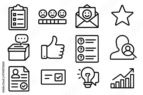 Workplace Feedback Icons. Line style icons of workplace feedback: survey sheet, rating scale, feedback email, performance star;