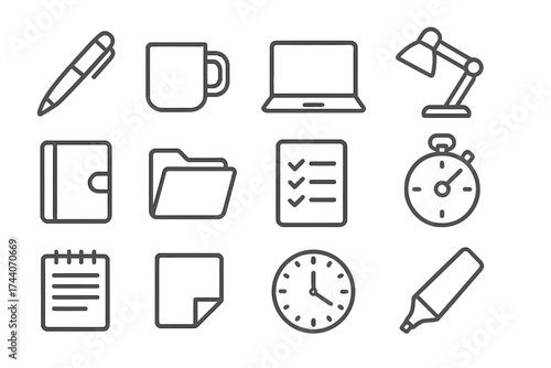 Office Essentials Icons. Line style icons of everyday office essentials: pen, mug, laptop, lamp; agenda book, folder, checklist,