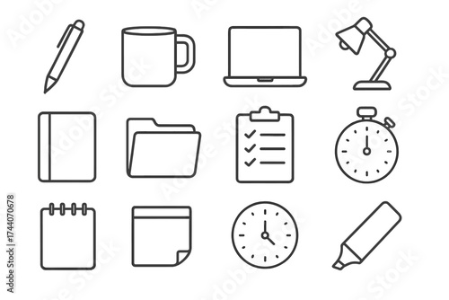 Office Essentials Icons. Line style icons of everyday office essentials: pen, mug, laptop, lamp; agenda book, folder, checklist,