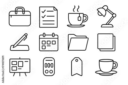 Modern Work Tools Icons. Line style icons of light modern work tools: laptop case, task paper, hot tea, lamp spot; pen rest, wall