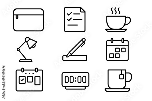 Modern Work Tools Icons. Line style icons of light modern work tools: laptop case, task paper, hot tea, lamp spot; pen rest, wall