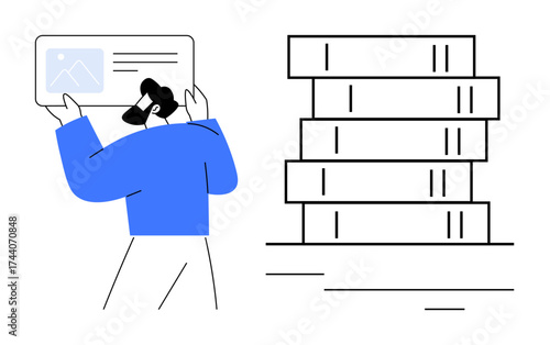 Man holding a screen with visual content beside stacked file boxes. Ideal for data management, digital organization, information storage, tech workflow, education, content curation, simple flat