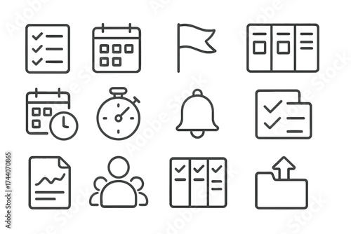 Project Management Icons. Line style icons of project management tools: task list, calendar, priority flag, Kanban board; deadline