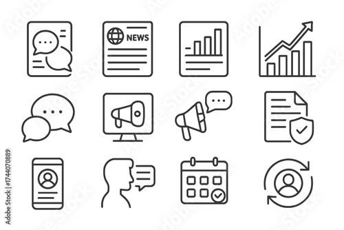 Corporate Communication Icons. Line style icons of corporate communication: press release, business news, internal report, KPI