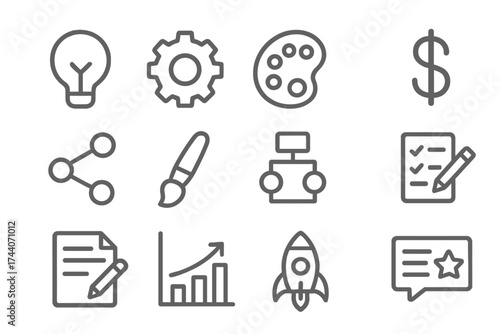 Functional Design Icons. Line style icons of functional design thinking: light bulb, gear, palette, dollar sign; share, paintbrush