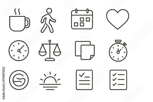 Productivity Icon Set. Line style icons of productive balance: coffee mug, walking icon, calendar, heart; clock, scales, sticky