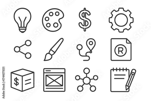 Product Design Icons. Line style icons of product design planning: light bulb, palette, dollar sign, gear; share icon, paintbrush,