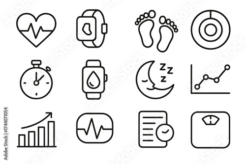Wearable Fitness Tech Icons. Line style icons of wearable fitness tech: heartbeat, activity tracker, steps icon, calorie ring;