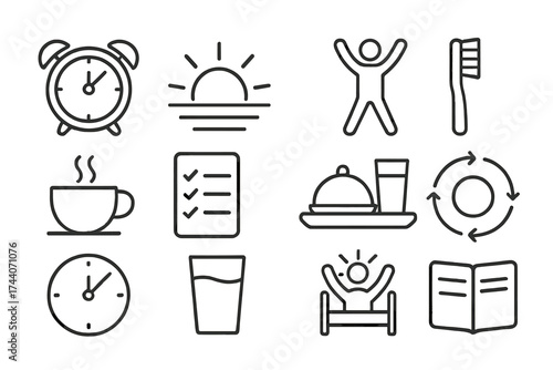 Morning Routine Icons. Line style icons of calm and active start: alarm, sunrise, exercise icon, toothbrush; coffee cup, checklist