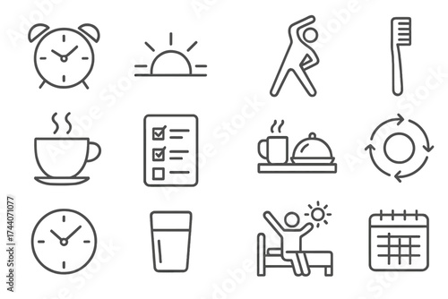 Morning Routine Icons. Line style icons of calm and active start: alarm, sunrise, exercise icon, toothbrush; coffee cup, checklist