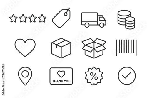 Quality Service Icon Set. Line style icons of service and quality: star rating, shopping tag, delivery truck, coins; heart,