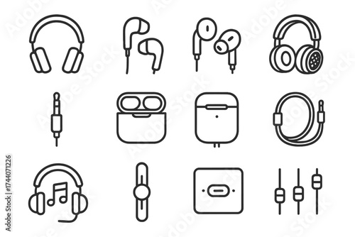 Line Style Headphones Icons. Line style icons of headphones and ear gear: over-ear headphones, in-ear monitors, wireless buds,