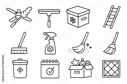 Seasonal Cleaning Icons. Line style icons of seasonal cleaning tools: ceiling fan duster, window scraper, holiday box, attic