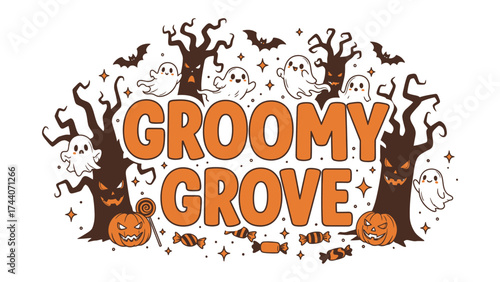 Groovy Grove Halloween: A whimsical Halloween illustration of a grove filled with spooky trees, smiling pumpkins, and playful ghosts and bats, all set against a delightful color palette.