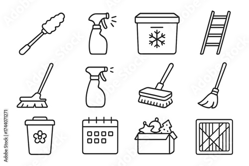 Seasonal Cleaning Icons. Line style icons of seasonal cleaning tools: ceiling fan duster, window scraper, holiday box, attic