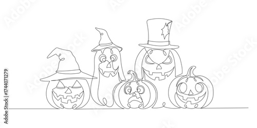Single line drawing of Halloween pumpkins on white background