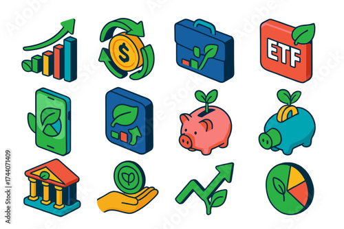 Eco Investment Icons. Isometric vector illustration set Eco investment icons: stock growth chart with leaves, dollar coin with