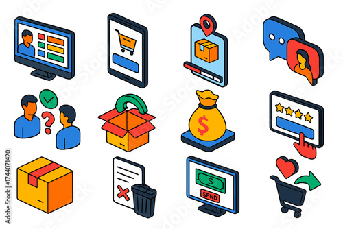 Marketplace Transaction Icons. Isometric vector illustration set Marketplace transactions: seller dashboard, buyer checkout, order