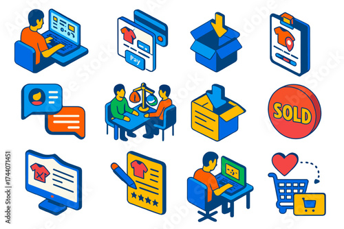 Marketplace Transaction Icons. Isometric vector illustration set Marketplace transactions: seller dashboard, buyer checkout, order