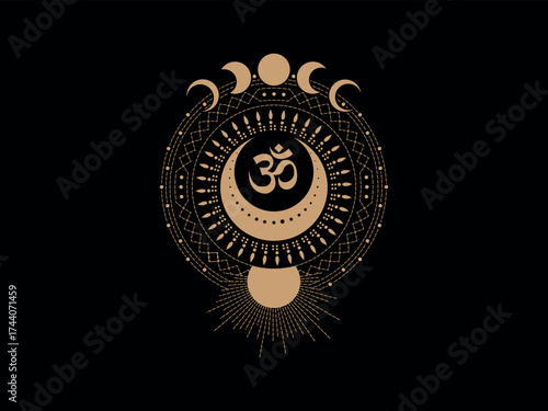 Celestial om symbol with moon phases and sunburst