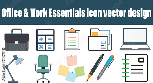 Office and work essentials icon set vector design .

A collection of flat vector icons representing common office supplies and work tools for business and productivity.