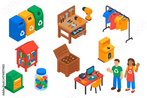 Community Recycling Hubs. Isometric vector illustration set Community recycling hubs: recycling containers row, tool repair bench,