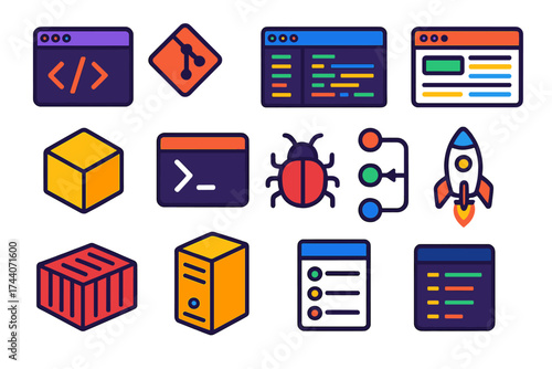 Web Development Tools. Isometric vector illustration set Web development tools: code editor window, Git repository, browser