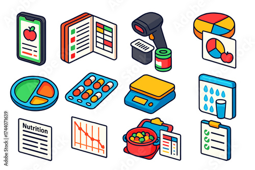 Nutrition Tracking Tools. Isometric vector illustration set Nutrition tracking tools: calorie counter app, food diary notebook,