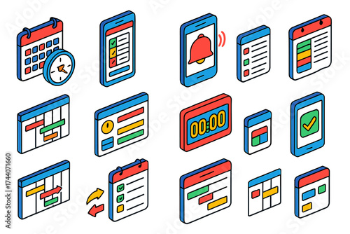 Scheduling Tools Icons. Isometric vector illustration set Scheduling tools: wall calendar with clock, online booking form,