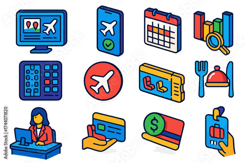 Flight Booking Icons. Isometric vector illustration set Flight booking: online flight search screen, ticket purchase confirmation,
