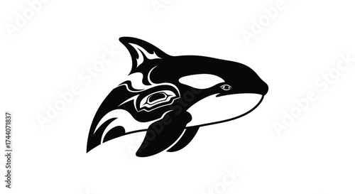 Black and white killer whale orca head tribal design