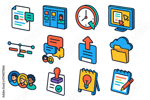 Collaboration Software Icons. Isometric vector illustration set Collaboration software: shared document editor, task management