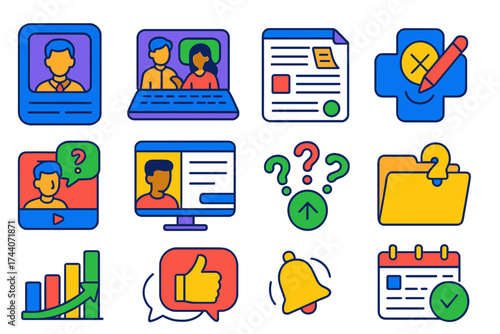 Vibrant Tutoring Icons. Isometric vector illustration set Online tutoring: tutor profile card, student Q&A session, shared